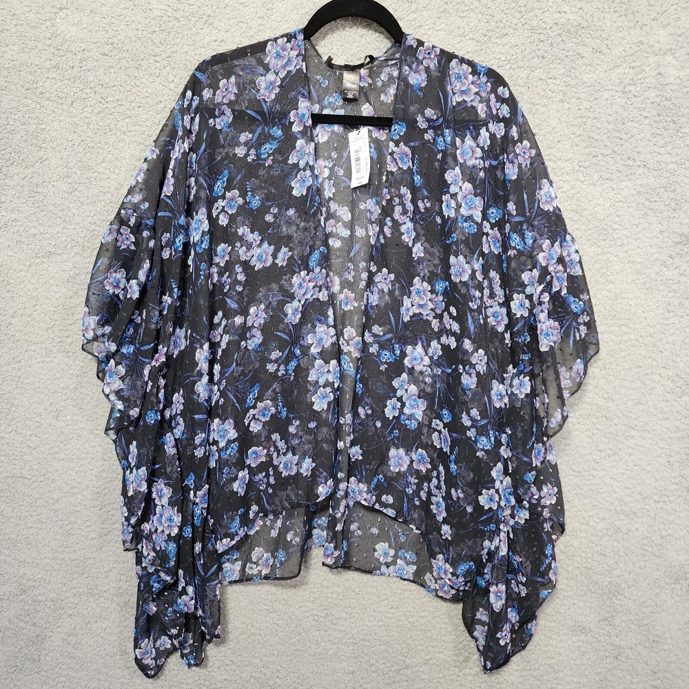Mixit Shawl Women‎ One Size Open Front Fringe Blue Floral Sheer Wrap